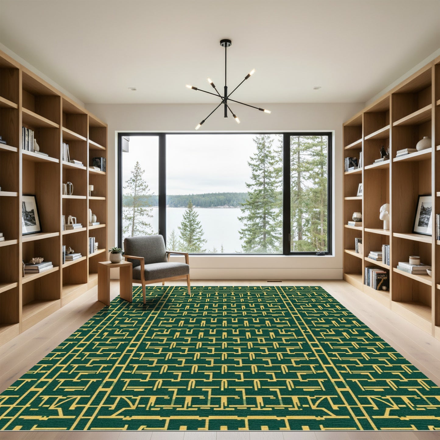 Deep Emerald Gold Geometric Labyrinth Rug