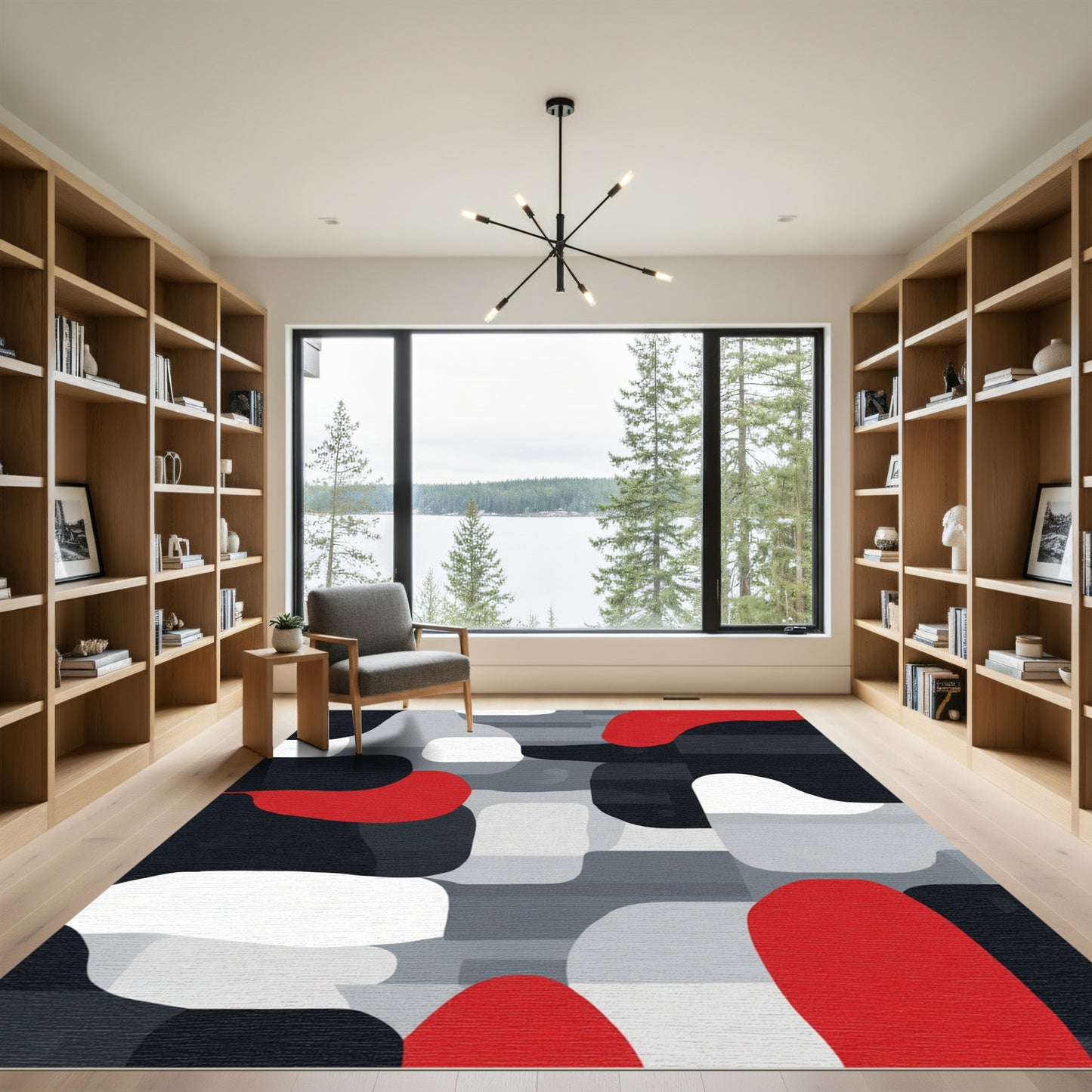 Bold Red White Gray Abstract Flow Rug