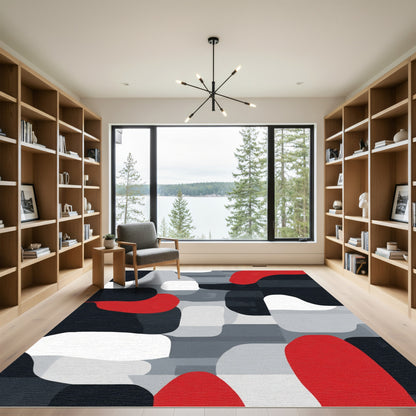 Bold Red White Gray Abstract Flow Rug
