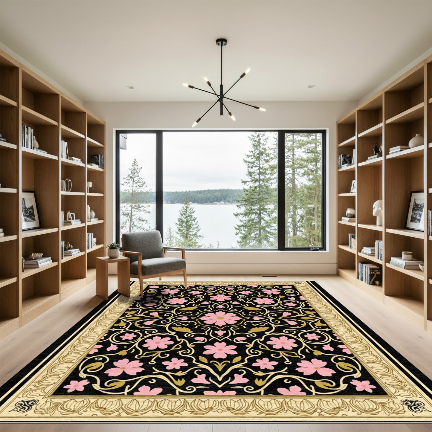 Black Pink Gold Floral Swirl Border Rug