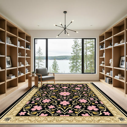 Black Pink Gold Floral Swirl Border Rug