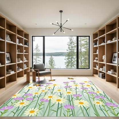 Whimsical Bees Daisies Purple Flowers Meadow Rug