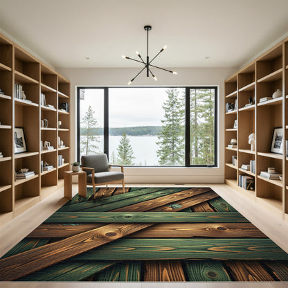 Rustic Green and Brown Wood Plank Rug