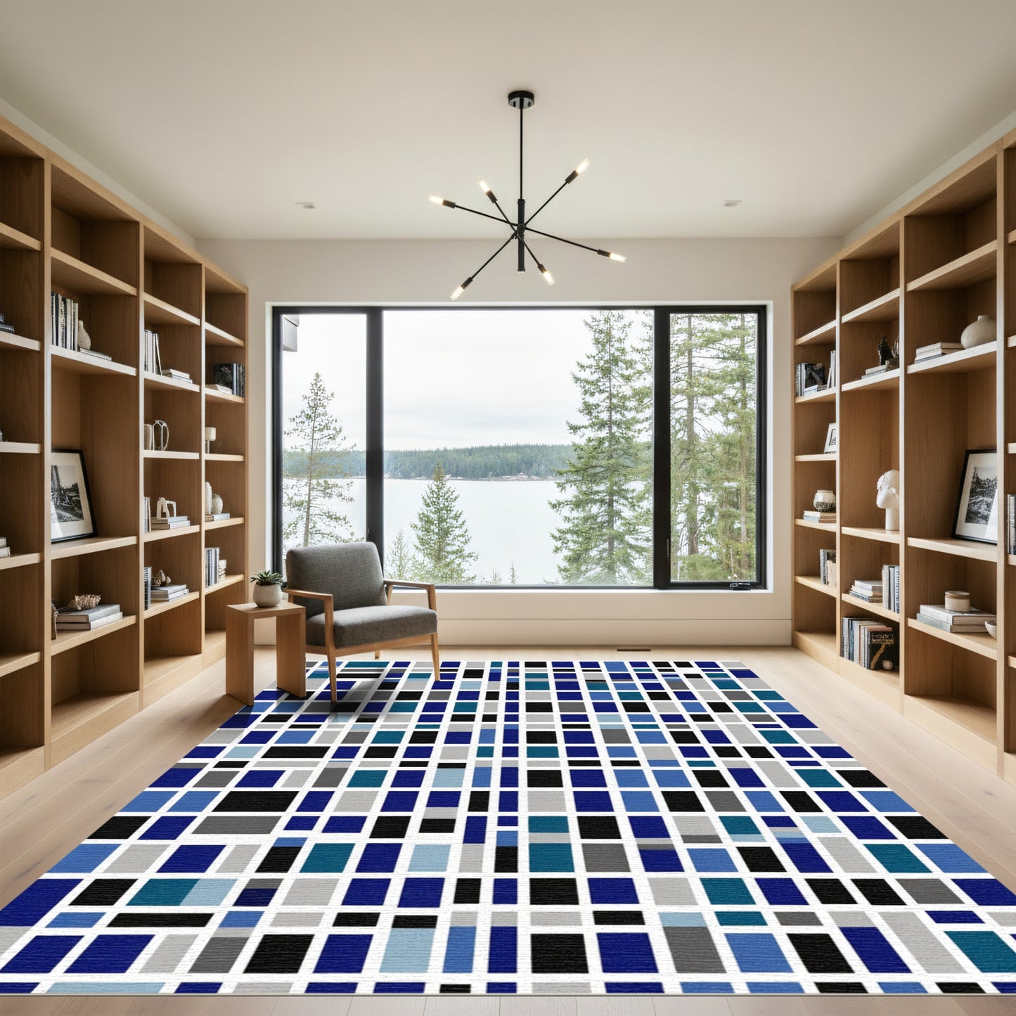Deep Blue Gray Geometric Blocks Rug