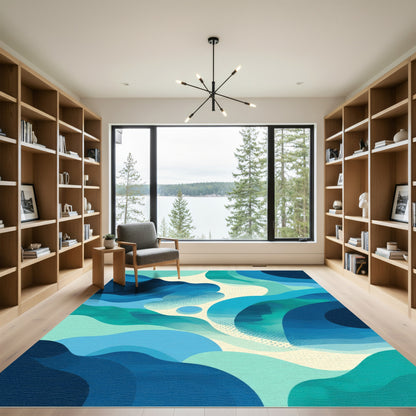 Deep Blue Aqua Abstract Ocean Waves Rug
