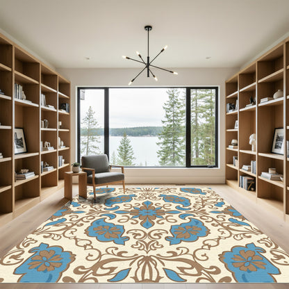 Cream Tan Blue Floral Medallion Rug