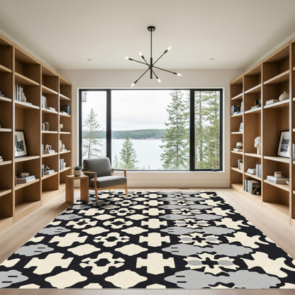 Cream Black Gray Fish Grid Rug