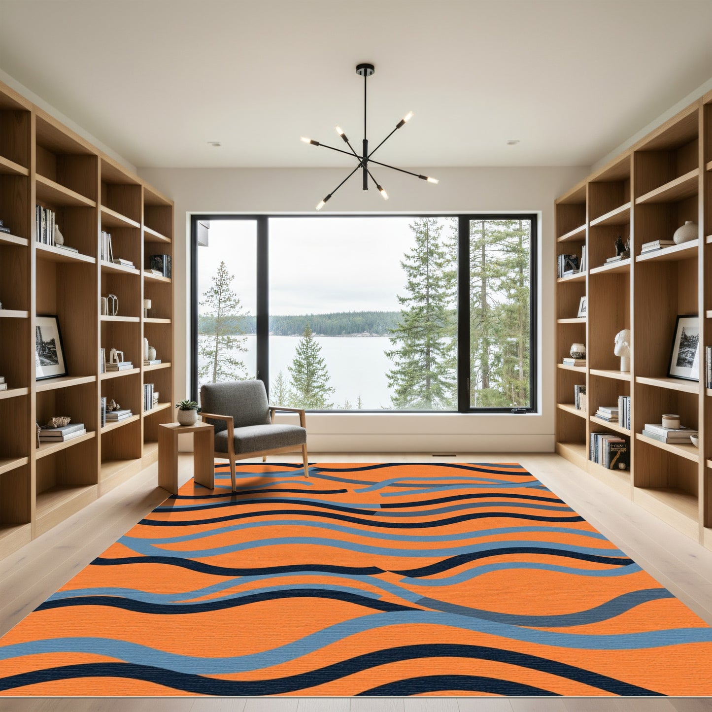 Vibrant Orange Blue Wavy Stripes Rug