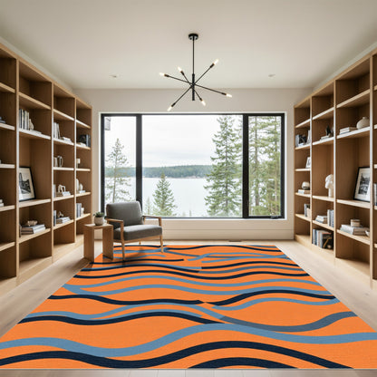 Vibrant Orange Blue Wavy Stripes Rug