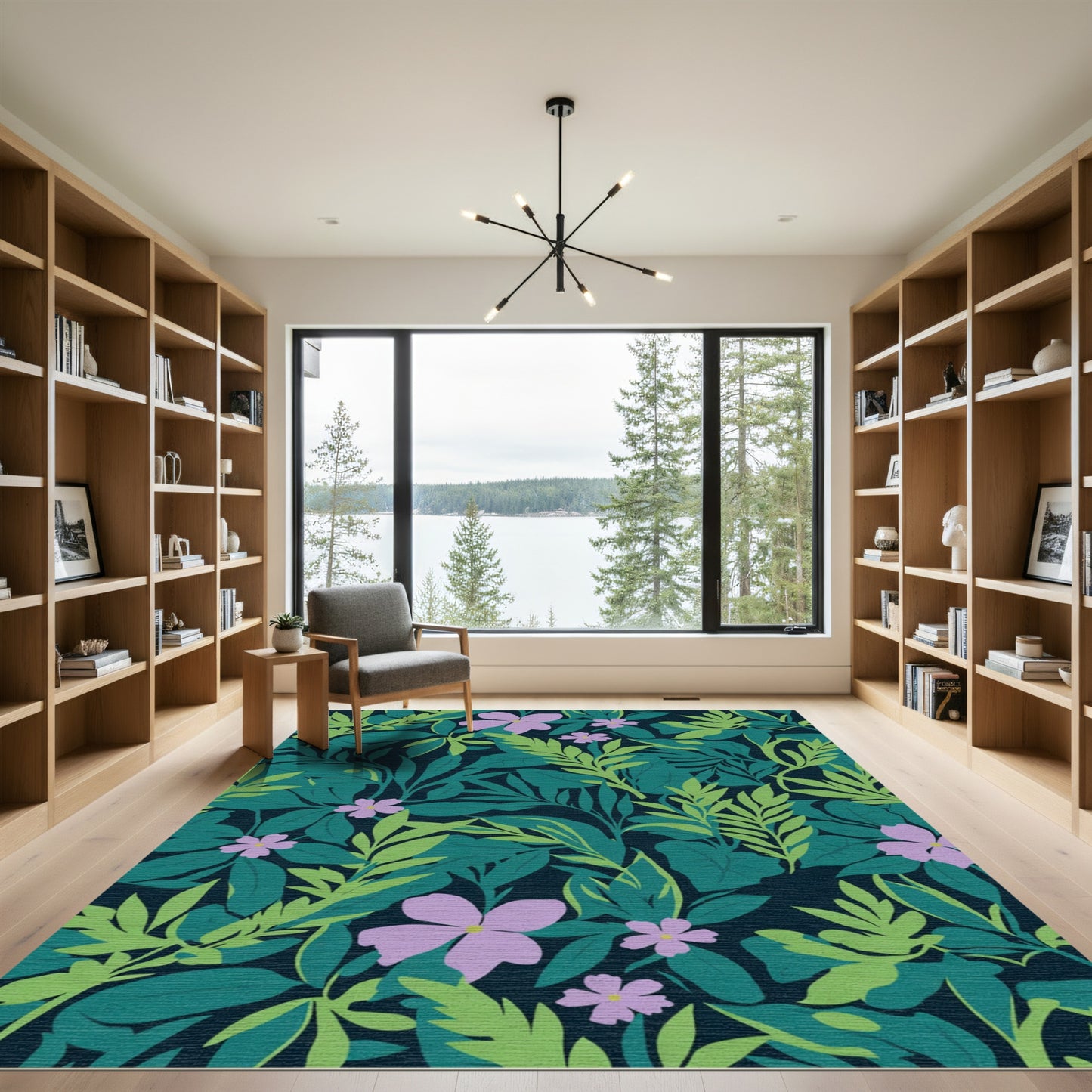 Deep Teal Tropical Flower Garden Rug