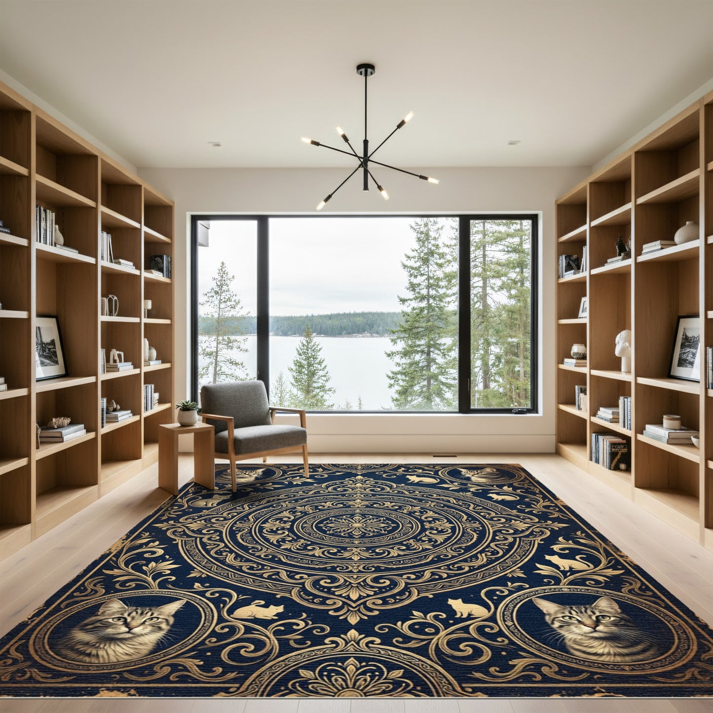 Ornate Royal Blue Golden Cat Medallion Rug