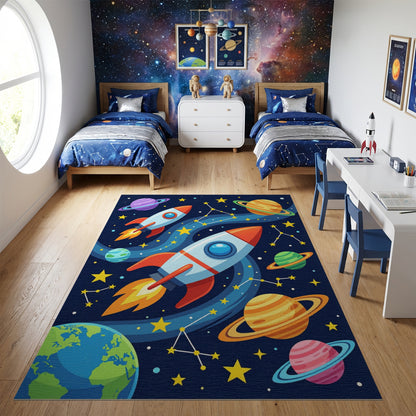 Whimsical Space Rockets Planets Stars Rug