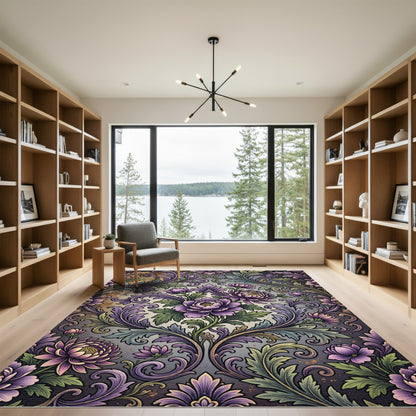 Elegant Purple Floral Damask Scroll Rug