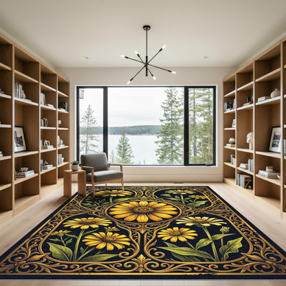 Golden Sunflower Ornate Art Nouveau Rug