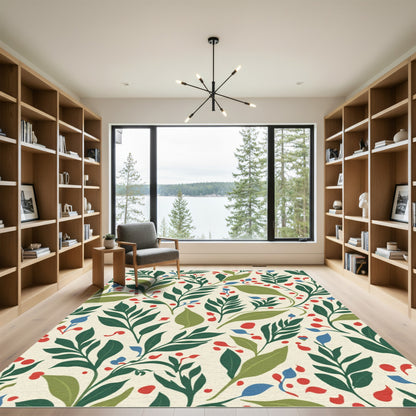 Cream Botanical Berry Red Blue Vines Rug