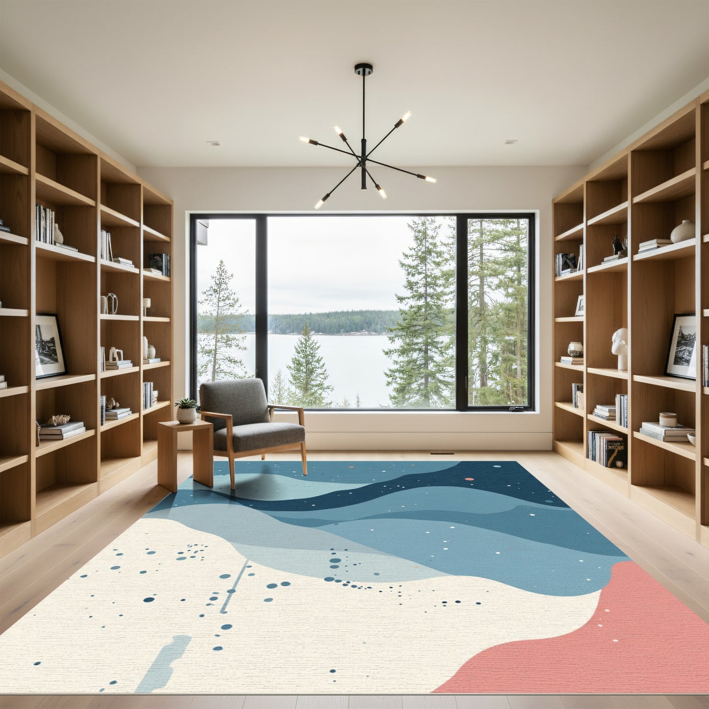 Misty Blue Abstract Layered Curves Rug