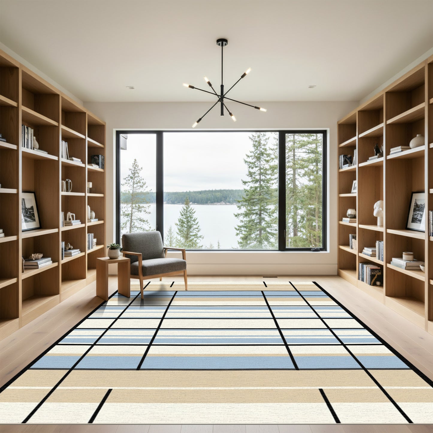 Blue Beige Stripe Grid Overlay Rug