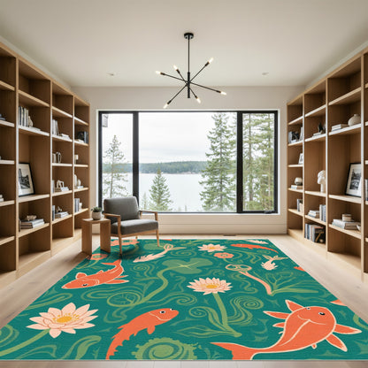 Coral Koi Fish Water Lily Garden Rug