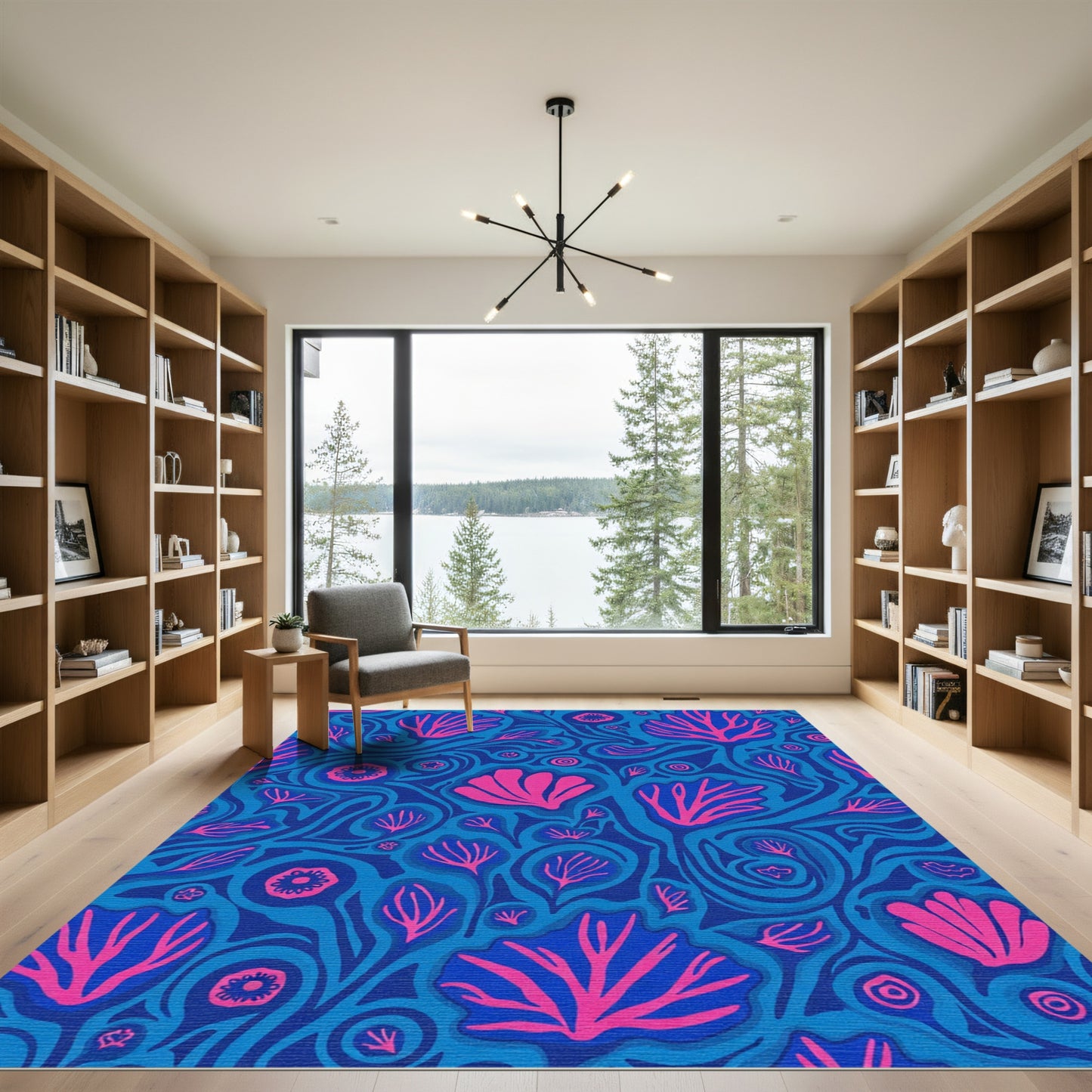 Coral Pink Abstract Floral Swirls Rug