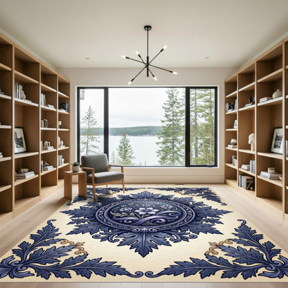 Deep Blue Floral Acanthus Scroll Medallion Rug