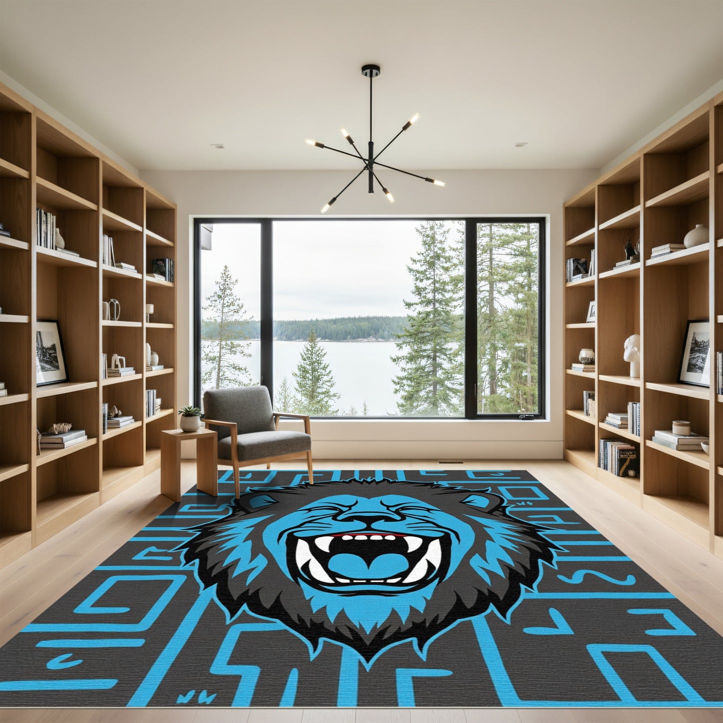Roaring Blue Lion Abstract Maze Rug