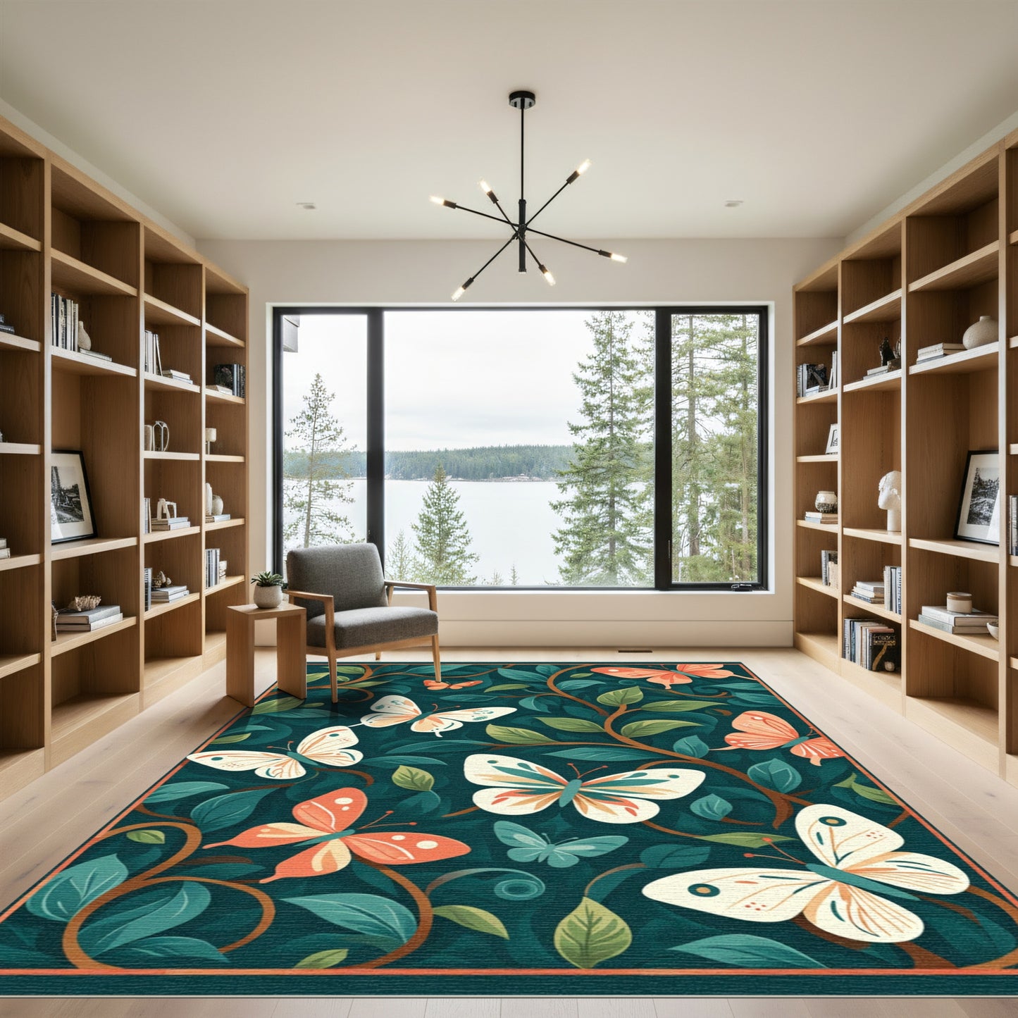 Coral Butterflies on Dark Teal Foliage Rug