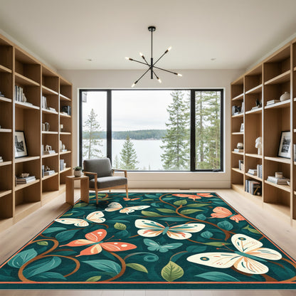 Coral Butterflies on Dark Teal Foliage Rug