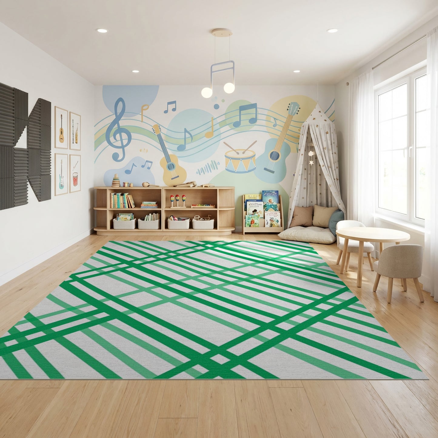 Modern Green White Diagonal Stripes Rug