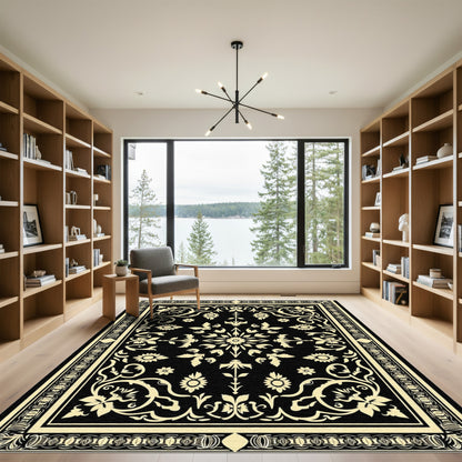 Black Cream Floral Medallion Tapestry Rug
