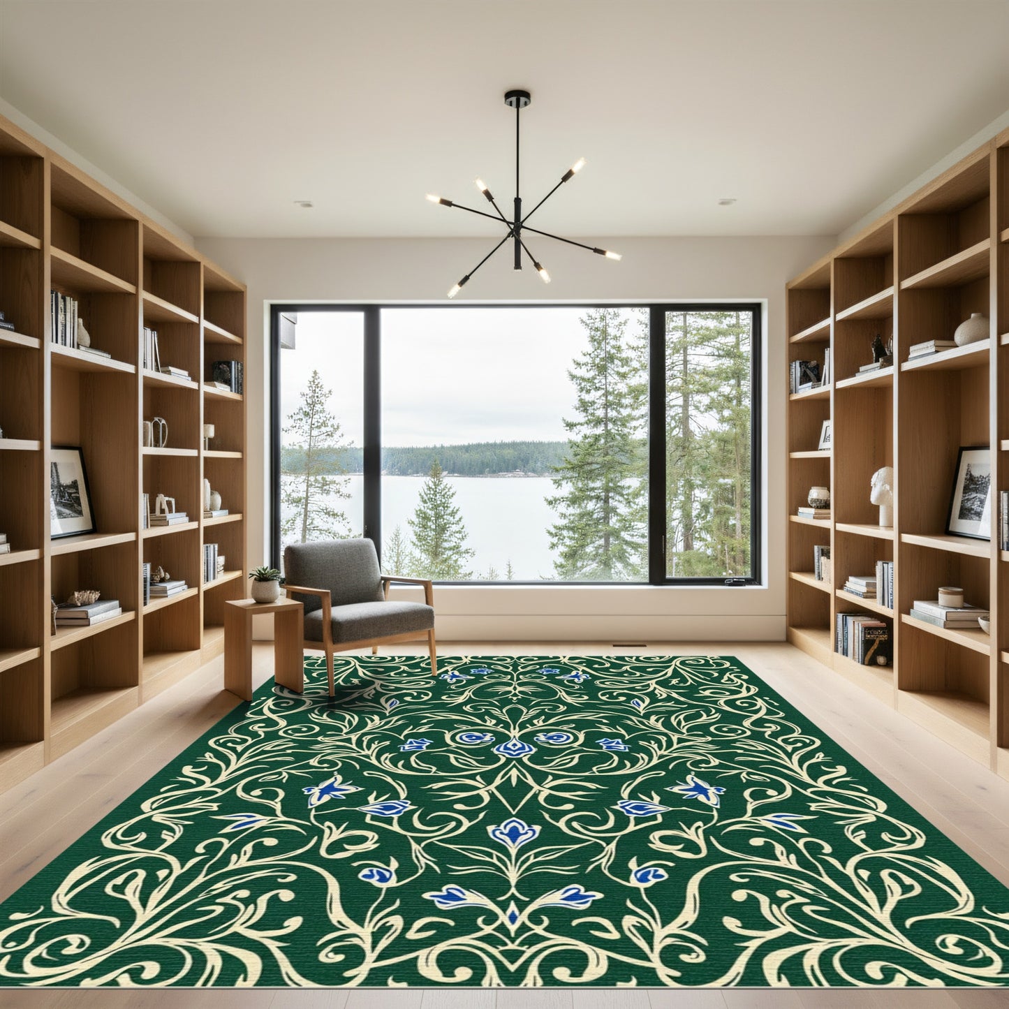 Ornate Forest Green Floral Scroll Rug