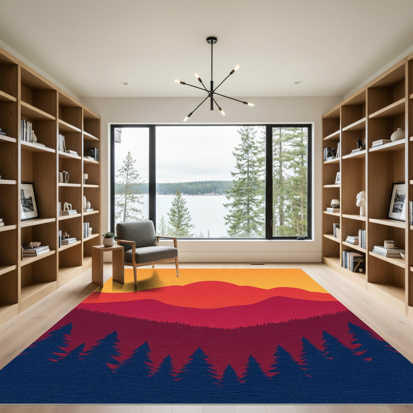 Crimson Sunset Mountain Forest Silhouette Rug