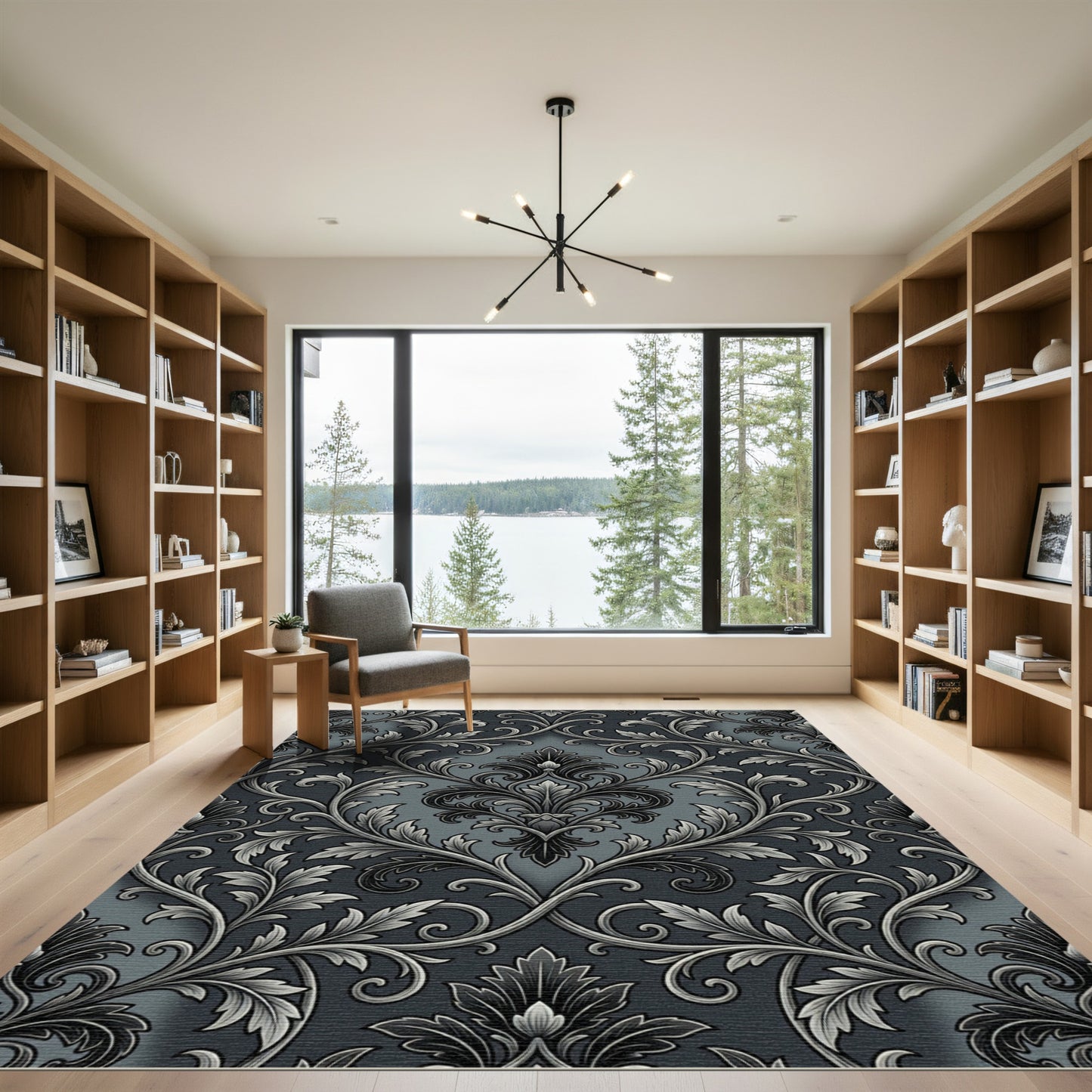 Ornate Black Silver Damask Scroll Rug