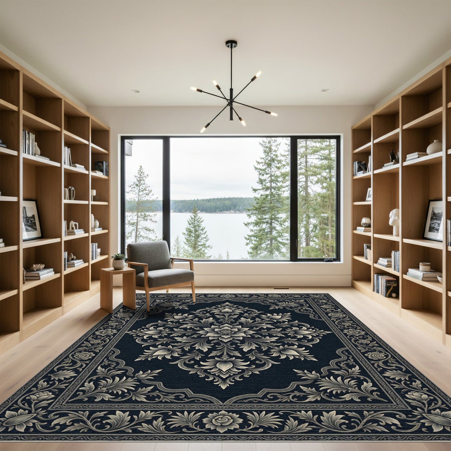 Ornate Grey Floral Medallion Dark Rug