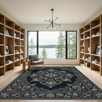 Ornate Grey Floral Medallion Dark Rug