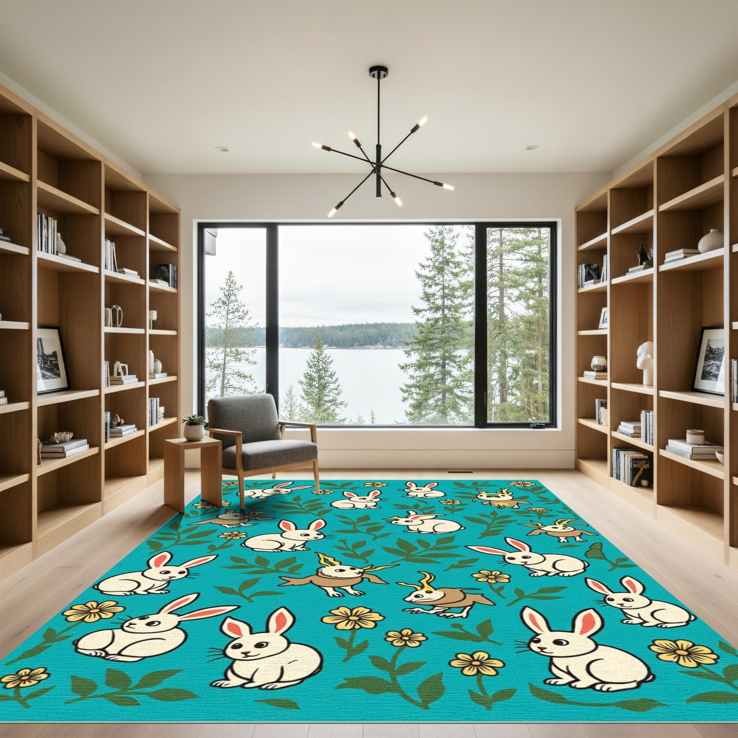 Whimsical White Bunnies Floral Collage Rug