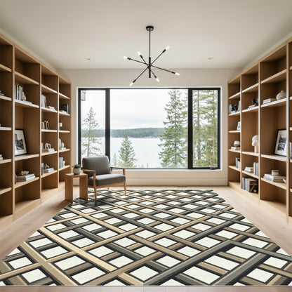 Modern Interlocking Gold and Slate Lattice Rug