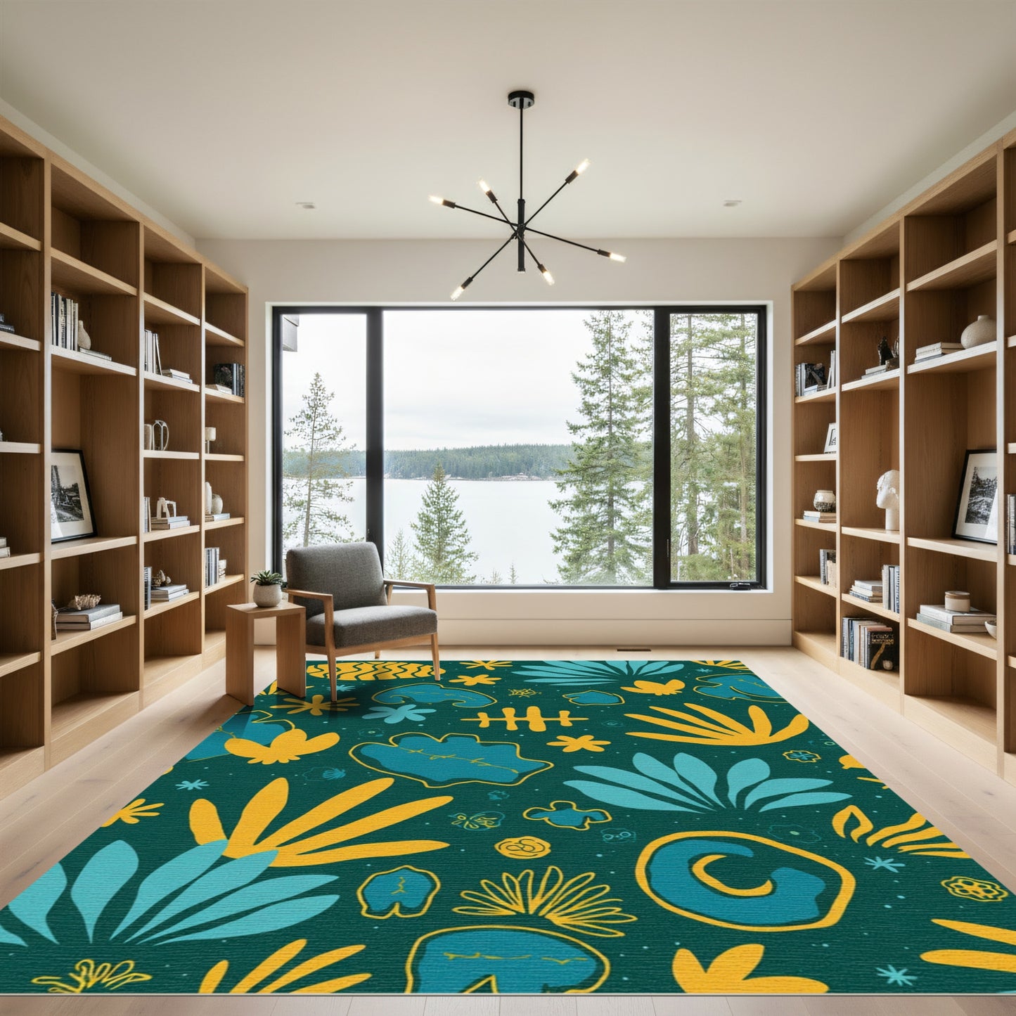 Teal Yellow Organic Tropical Bloom Rug