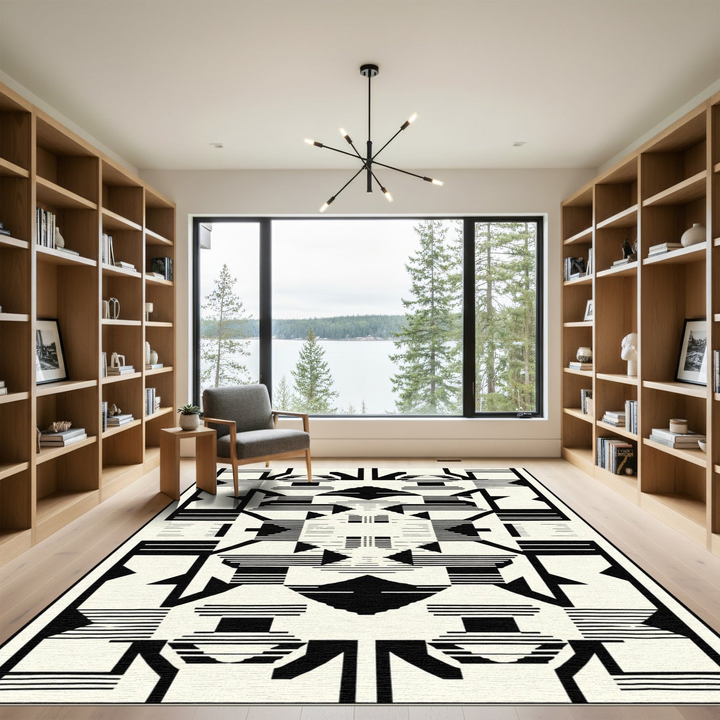 Bold Black Ivory Geometric Architecture Rug