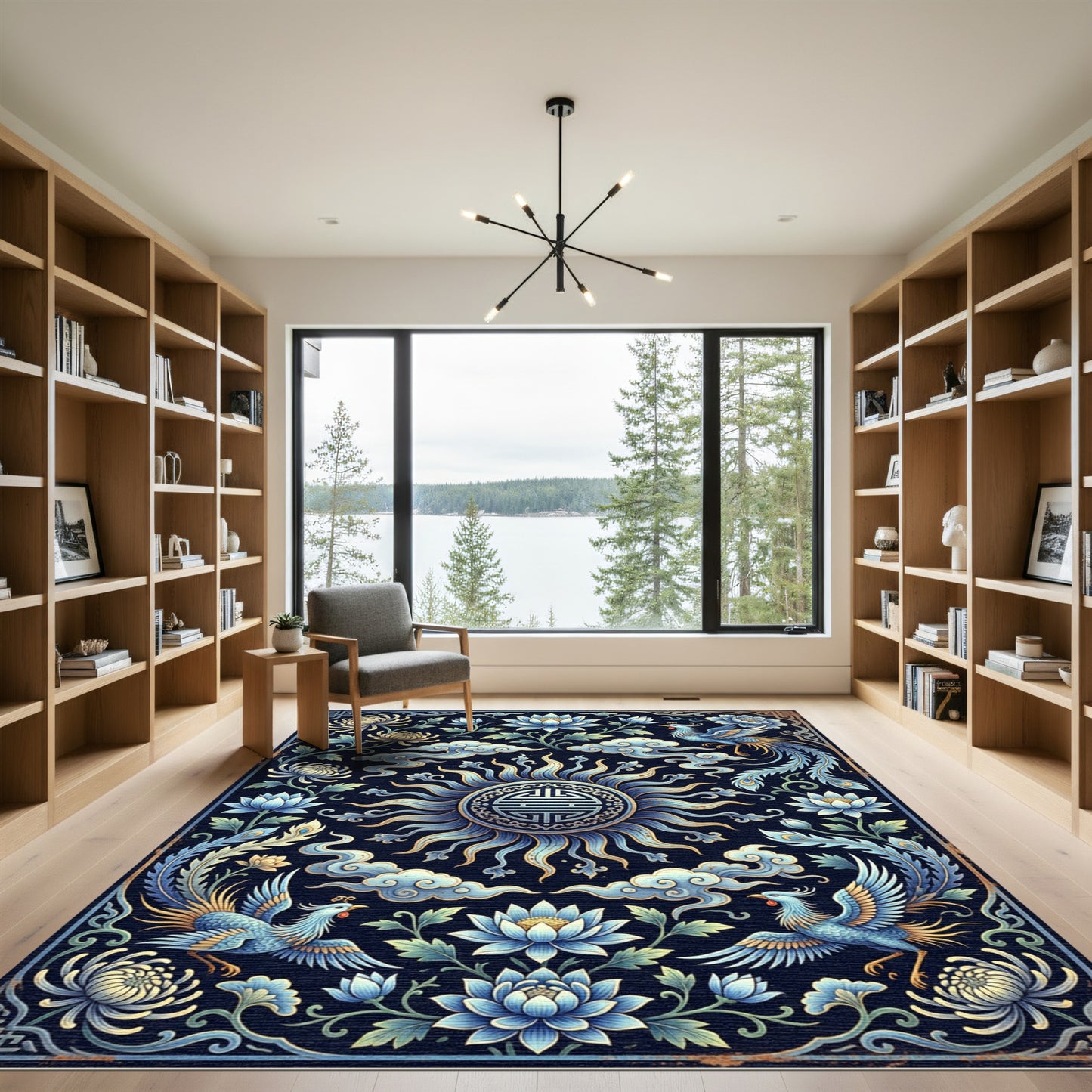 Blue Phoenix and Lotus Floral Medallion Rug