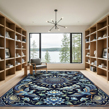 Blue Phoenix and Lotus Floral Medallion Rug