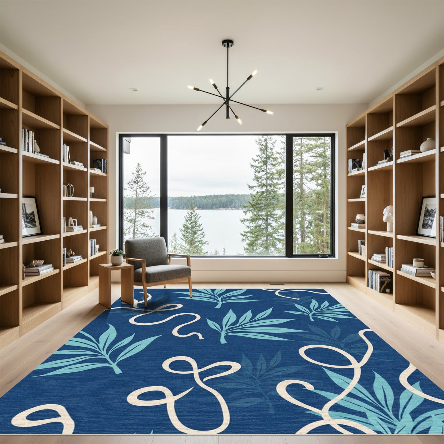 Deep Teal Leaf With Ribbon Swirl Rug