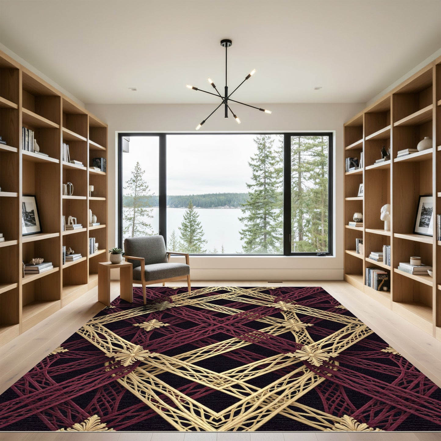 Ornate Crimson Gold Interlocking Lattice Rug