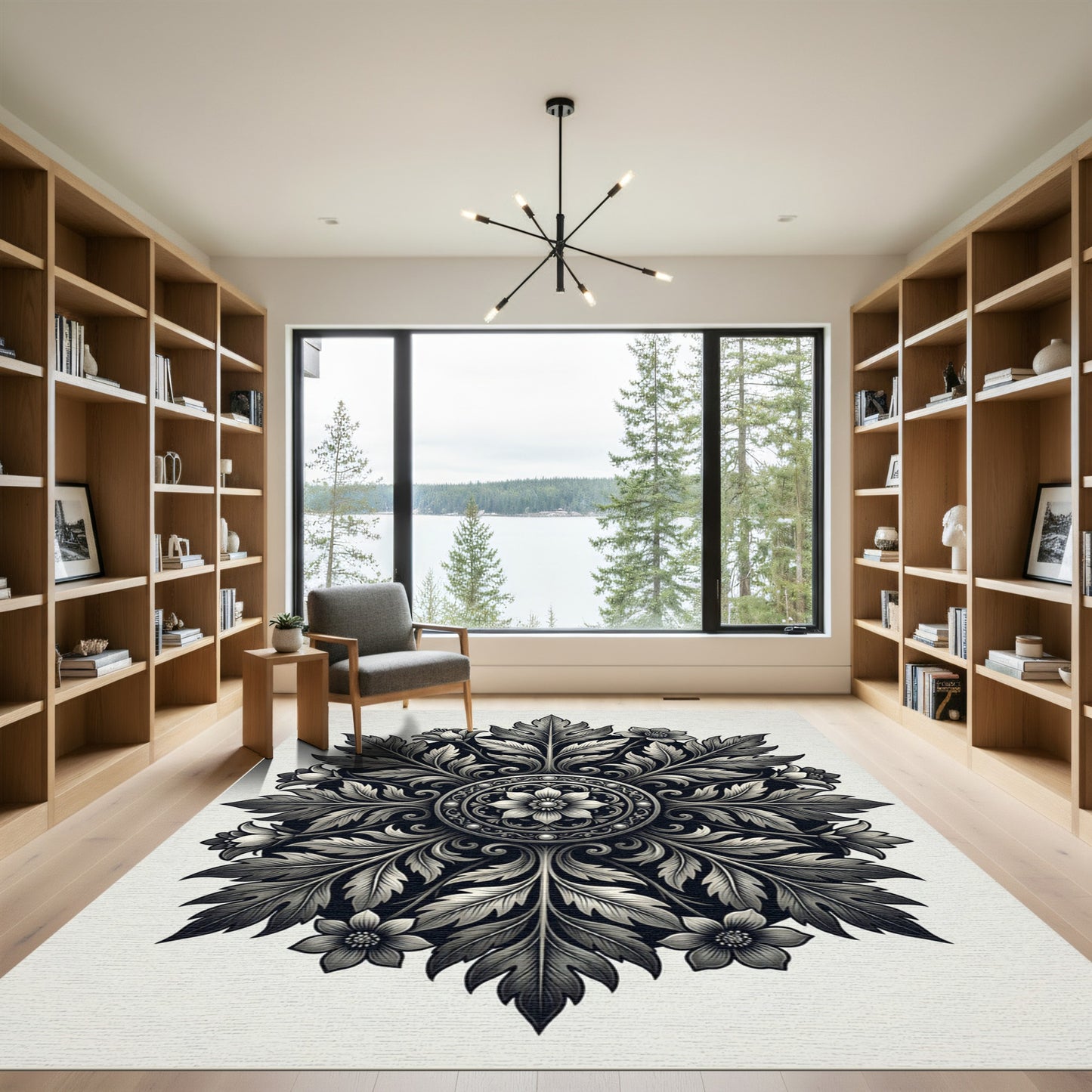 Ornate Black White Floral Medallion Rug