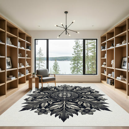 Ornate Black White Floral Medallion Rug