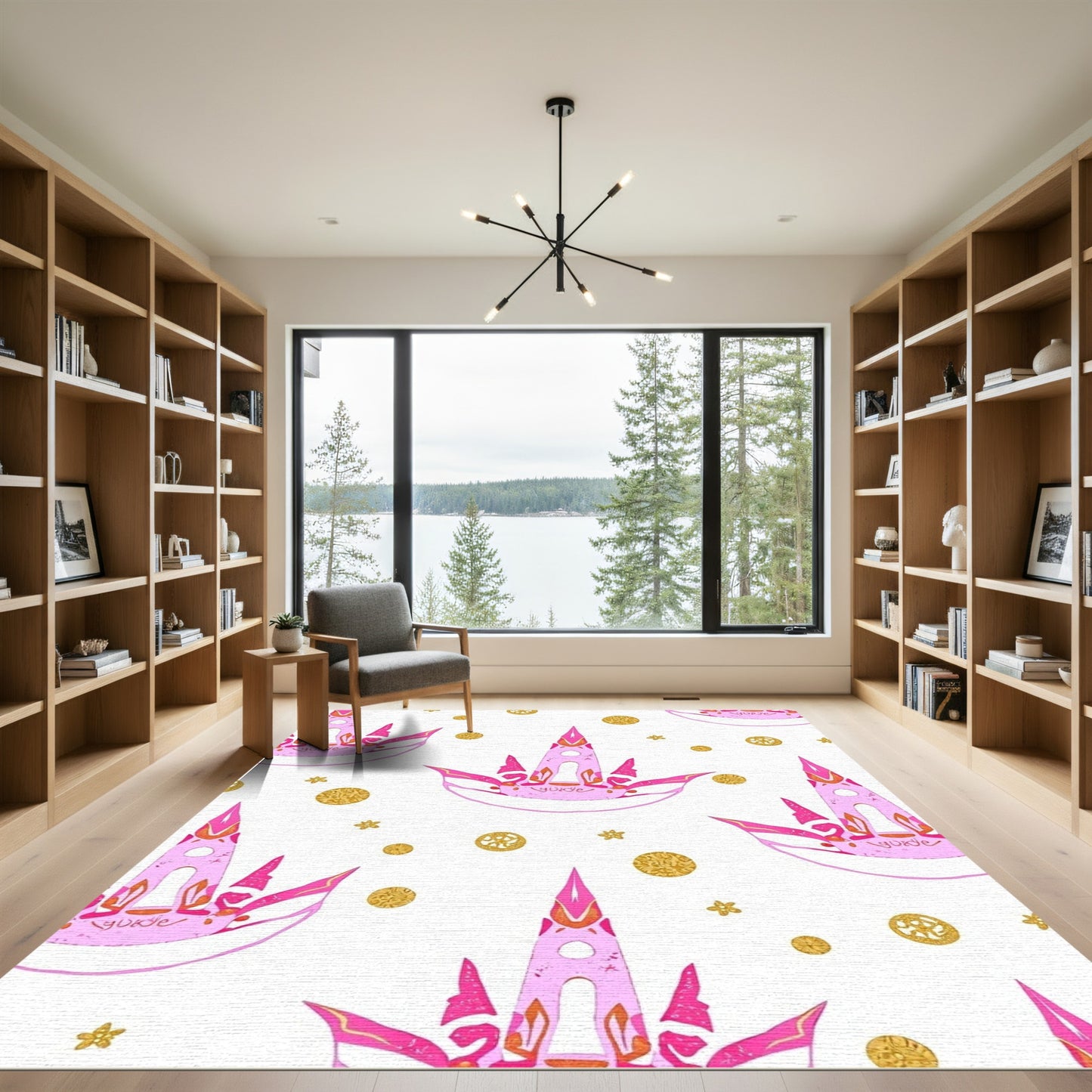 Vibrant Pink Crown Whimsical Gold Medallion Rug