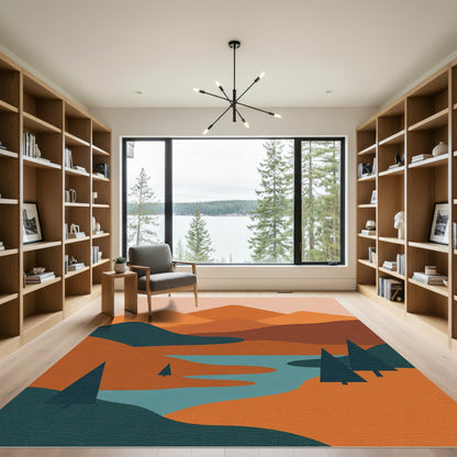 Orange Mountain River Landscape Trees Rug
