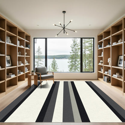 Modern Charcoal Cream Vertical Stripe Rug