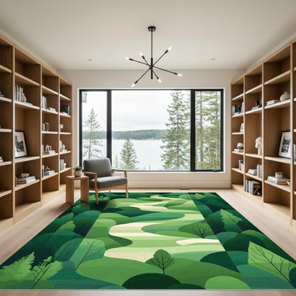 Verdant Green Forest River Landscape Rug