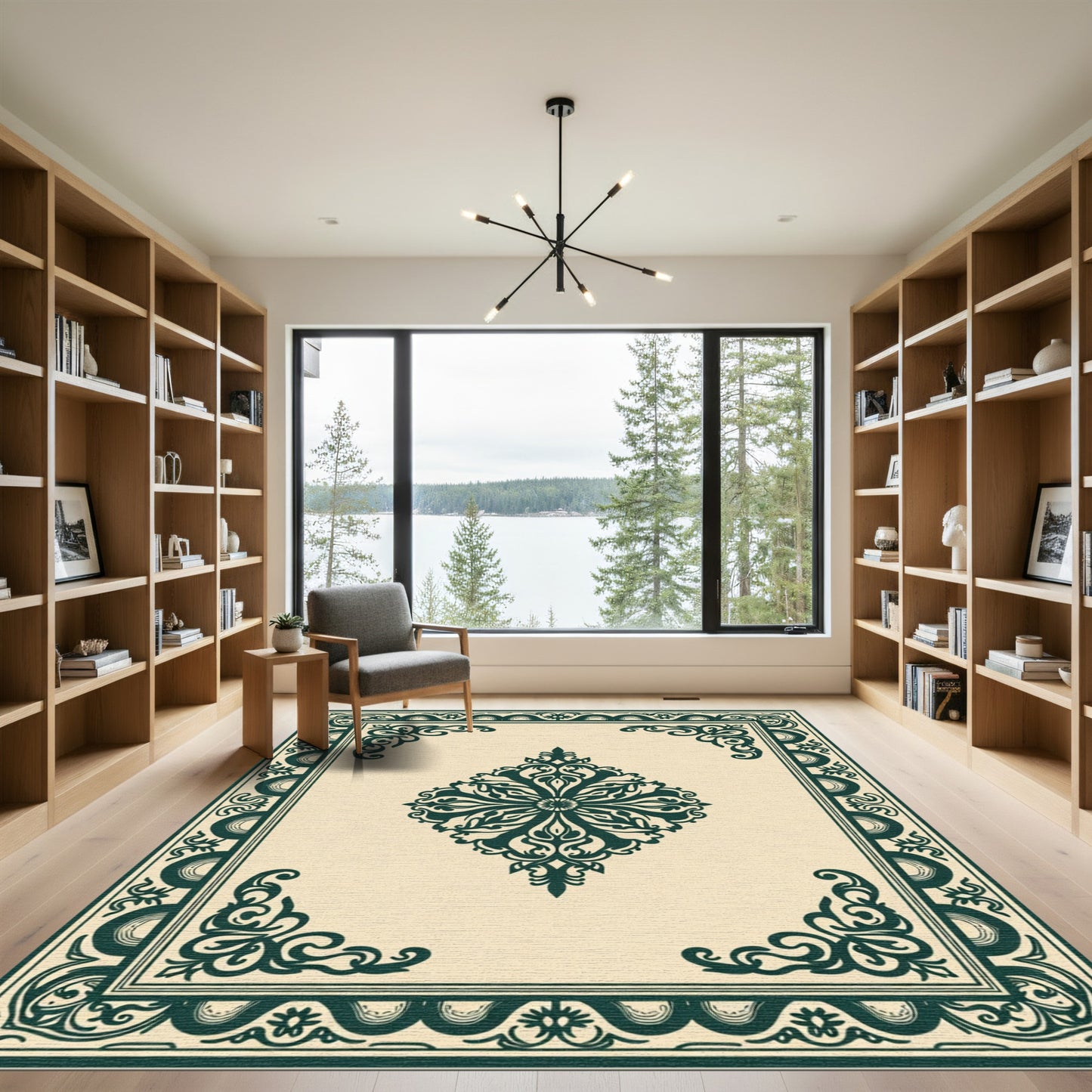 Elegant Cream Forest Green Medallion Rug