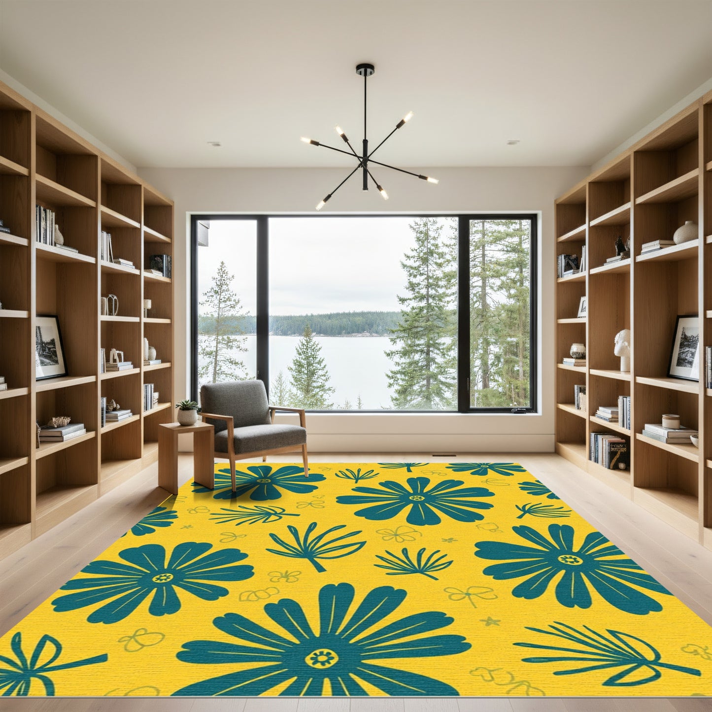 Teal Floral Composition Yellow Background Rug
